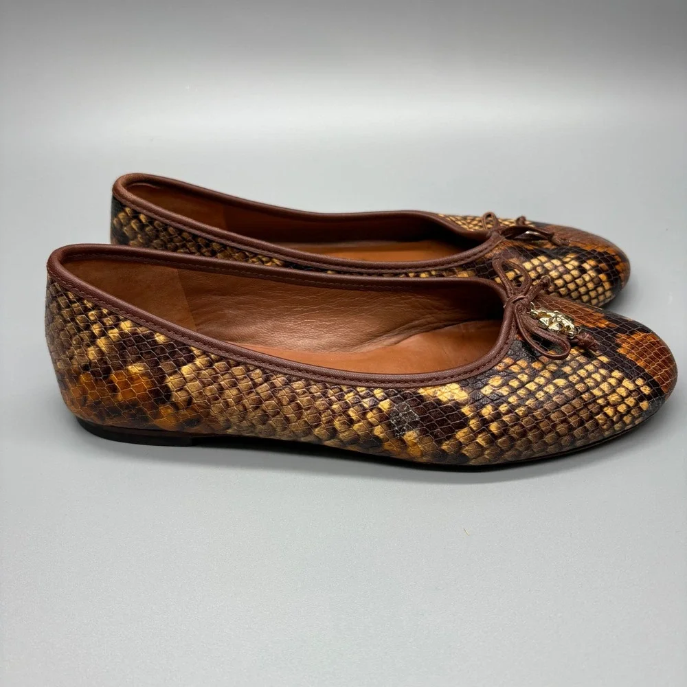 Tory Burch Ballet Flats 7M Snakeskin Python Embossed Leather Logo Charm Brown‎